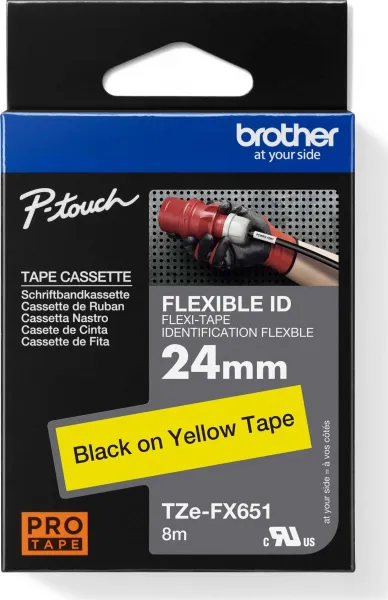 Brother originál páska do tlačiarne štítkov, Brother, TZE-FX651, čierny tlač/žltý podklad, laminovaná, 8m, 24mm, flexibilná TZEFX651