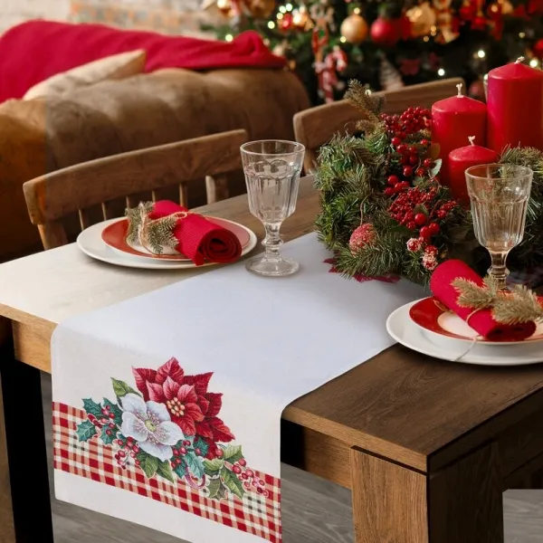 DekorStyle Vánoční běhoun Merry Christmas 45x140 cm červený/zelený/krémový