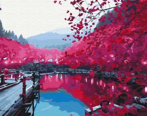 Obraz maľovanie podľa čísiel sakura pri jazere