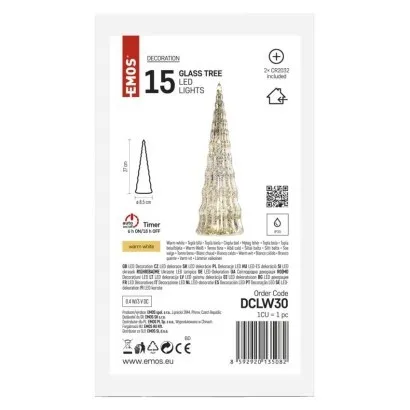 EMOS Skleněný LED stromek 27 cm s časovačem teplá bílá