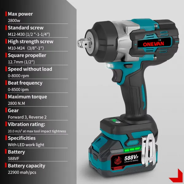 ONEVAN 2800N.M 2800W bezuhlíkový elektrický rázový uťahovák 1/2" palcový vhodný pre batériu Makita 18V + 10 ks gola sada v cene, kufor