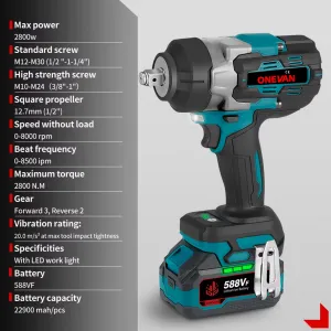 ONEVAN 2800N.M 2800W bezuhlíkový elektrický rázový uťahovák 1/2" palcový vhodný pre batériu Makita 18V + 10 ks gola sada v cene, kufor