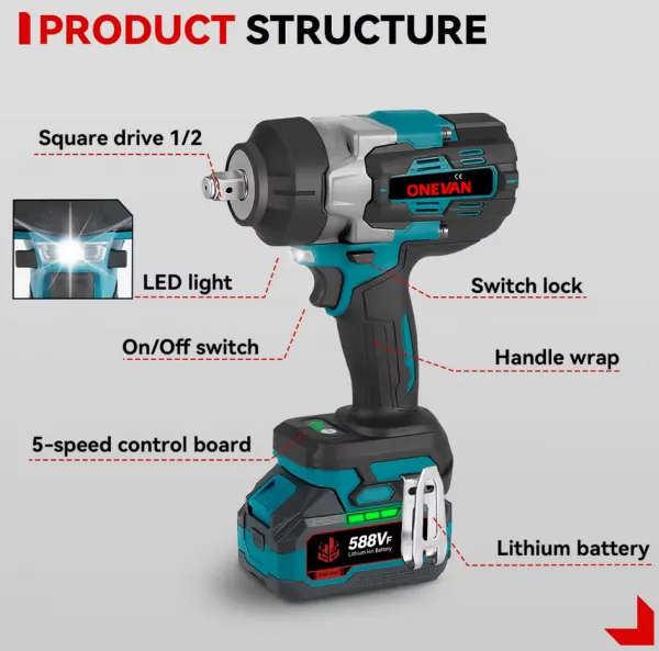 ONEVAN 2800N.M 2800W bezuhlíkový elektrický rázový uťahovák 1/2" palcový vhodný pre batériu Makita 18V + 10 ks gola sada v cene, kufor