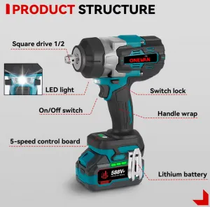 ONEVAN 2800N.M 2800W bezuhlíkový elektrický rázový uťahovák 1/2" palcový vhodný pre batériu Makita 18V + 10 ks gola sada v cene, kufor