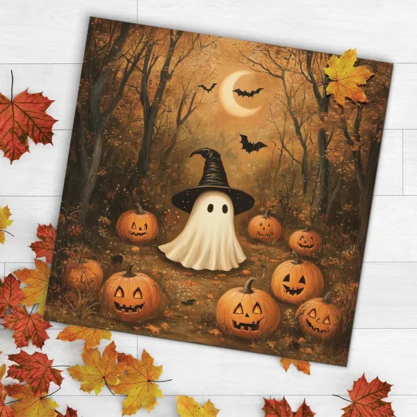 Halloween obraz z dreva - Duch a tekvičky