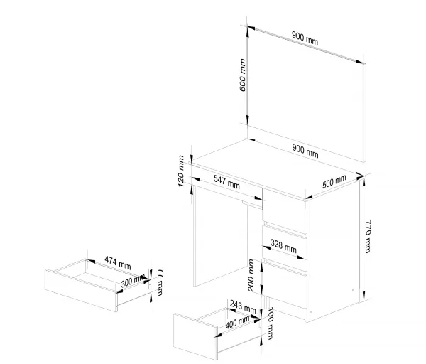 Ak furniture Kozmetický stolík so zrkadlom T-6 I 90x50 cm biely pravý