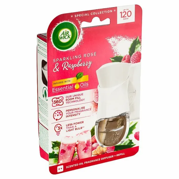 Air Wick Essential Oils Elektrický osviežovač vzduchu strojček a náplň ružový sekt a maliny 19 ml