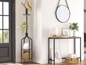 Stojanový vešiak na kabáty s policami-8 háčikov-180 cm-čierny kov-