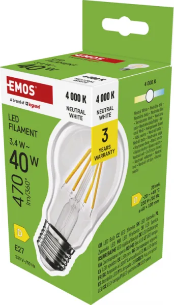 Emos LED žiarovka Filament A60, E27, 3,4 W (40 W), 470lm, 4000K