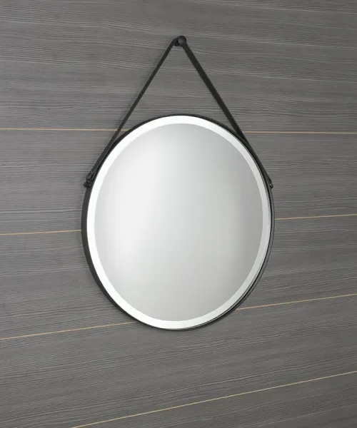 ORBITER kulaté LED podsvícené zrcadlo s koženým páskem, ø 60cm, černá mat ORL060