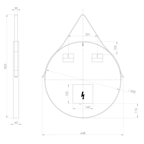 ORBITER kulaté LED podsvícené zrcadlo s koženým páskem, ø 60cm, černá mat ORL060
