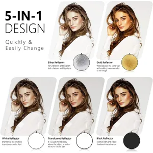 K&F Concept K&F 5 in 1 Reflectors 43"/110cm Folding Multi-Disc Belt Bag-Translucent, Silver, Gold, White and Black 32255