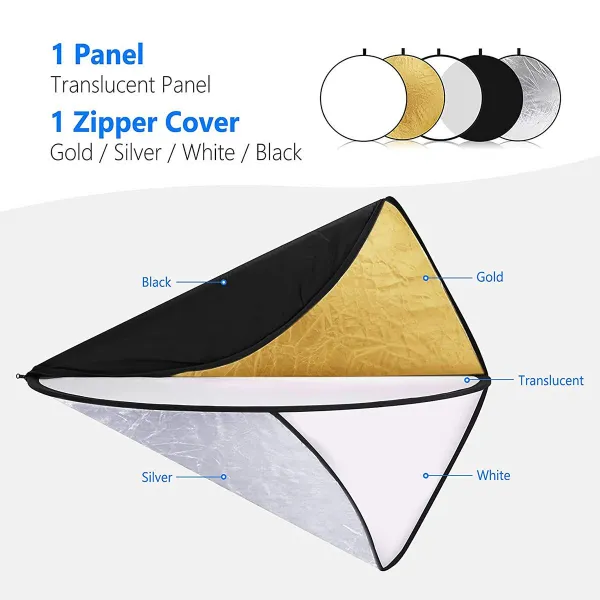 K&F Concept K&F 5 in 1 Reflectors 43"/110cm Folding Multi-Disc Belt Bag-Translucent, Silver, Gold, White and Black 32255
