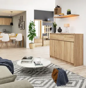 Ak furniture Komoda Karolína 140 cm 3 skrinky a 3 zásuvky dub sonoma