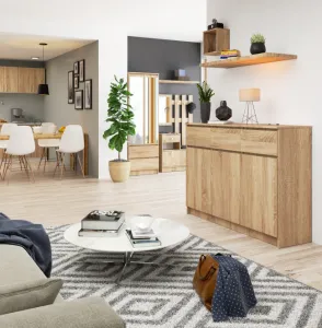 Ak furniture Komoda Karolína 140 cm 3 skrinky a 3 zásuvky dub sonoma
