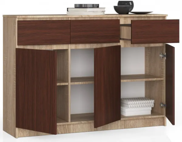 Ak furniture Komoda Karolína 140 cm 3 skrinky a 3 zásuvky / dub sonoma/wenge