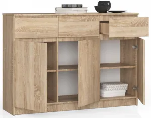 Ak furniture Komoda Karolína 140 cm 3 skrinky a 3 zásuvky dub sonoma