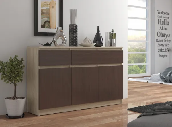 Ak furniture Komoda Karolína 140 cm 3 skrinky a 3 zásuvky / dub sonoma/wenge