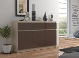 Ak furniture Komoda Karolína 140 cm 3 skrinky a 3 zásuvky / dub sonoma/wenge