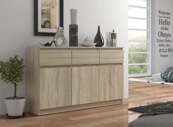 Ak furniture Komoda Karolína 140 cm 3 skrinky a 3 zásuvky dub sonoma