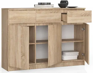 Ak furniture Komoda Karolína 140 cm 3 skrinky a 3 zásuvky dub sonoma