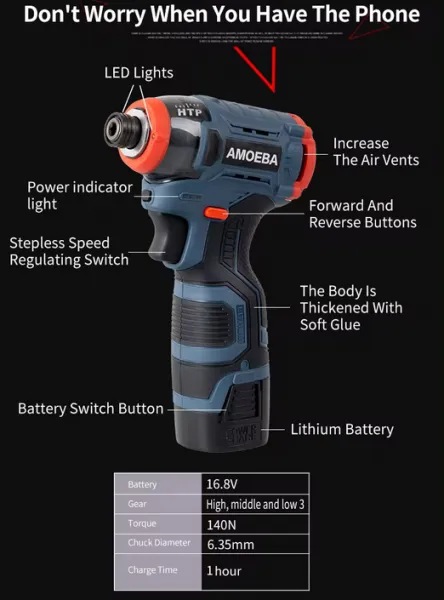 AMOEBA Silný multifunkčný troj rýchlostný akumulátorový momentový skrutkovač s 2 x batériou 16,8V 2000 mAh