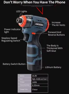 AMOEBA Silný multifunkčný troj rýchlostný akumulátorový momentový skrutkovač s 2 x batériou 16,8V 2000 mAh