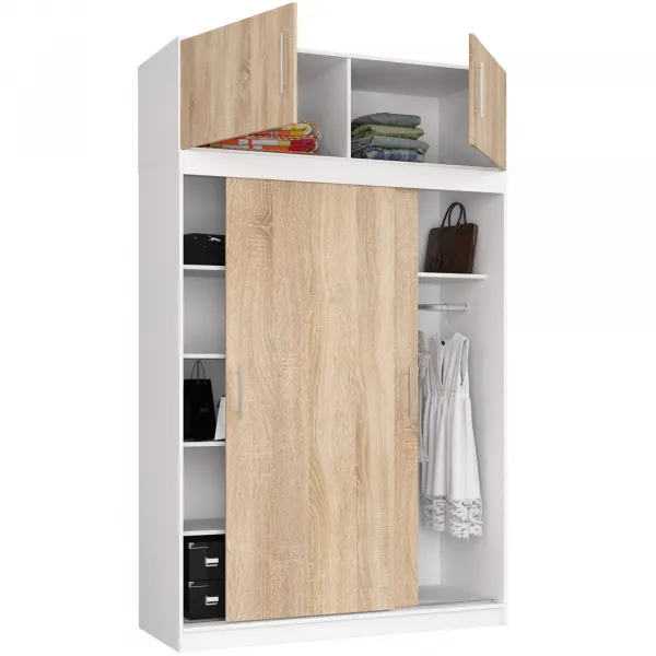 Ak furniture Šatní skříň s posuvnými dveřmi a nástavcem MONO CLP 150 cm bílá/dub sonoma