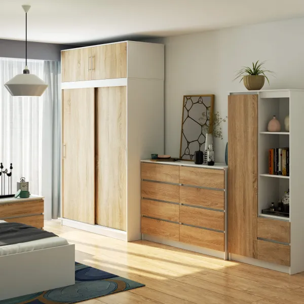 Ak furniture Šatní skříň s posuvnými dveřmi a nástavcem MONO CLP 150 cm bílá/dub sonoma