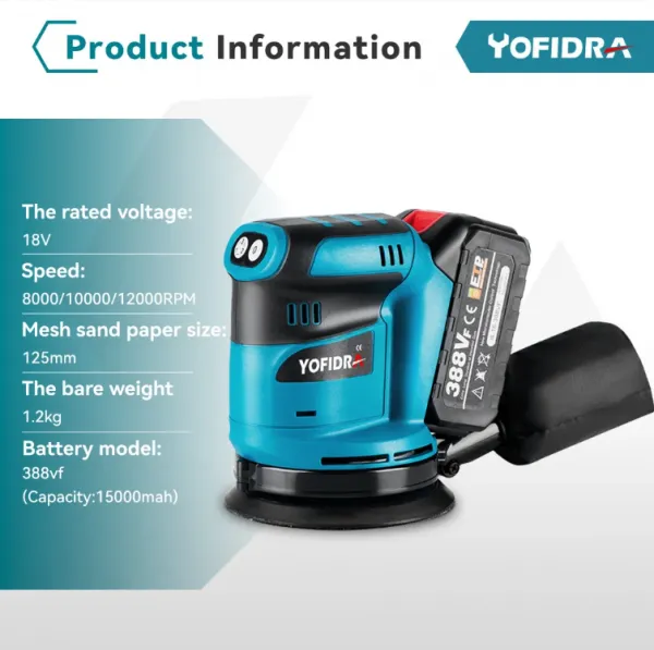OneVan / Yofidra Elektrická excentrická brúska Yofidra 125 mm 3 rýchlosti nastaviteľná aku leštička pre batériu MAKITA 18V Batéria: 2ks batéria