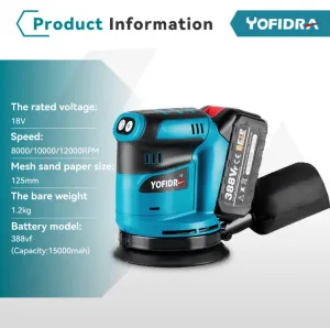 OneVan / Yofidra Elektrická excentrická brúska Yofidra 125 mm 3 rýchlosti nastaviteľná aku leštička pre batériu MAKITA 18V Batéria: 2ks batéria