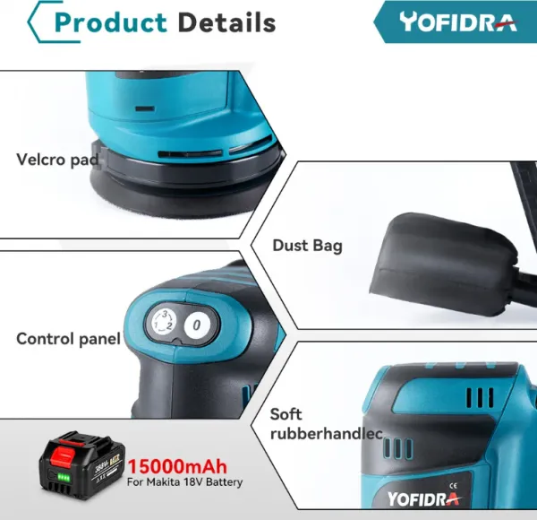 OneVan / Yofidra Elektrická excentrická brúska Yofidra 125 mm 3 rýchlosti nastaviteľná aku leštička pre batériu MAKITA 18V Batéria: 2ks batéria