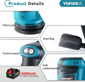 OneVan / Yofidra Elektrická excentrická brúska Yofidra 125 mm 3 rýchlosti nastaviteľná aku leštička pre batériu MAKITA 18V Batéria: 2ks batéria