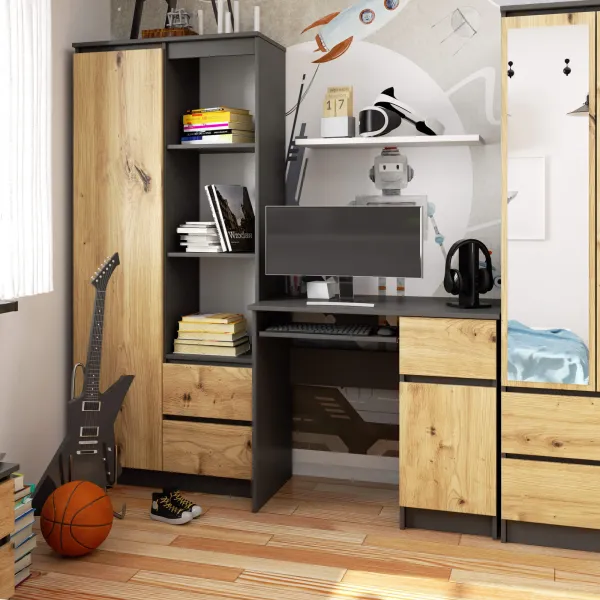 Ak furniture Psací stůl PIKSEL 90 cm grafitově šedý/dub artisan pravý