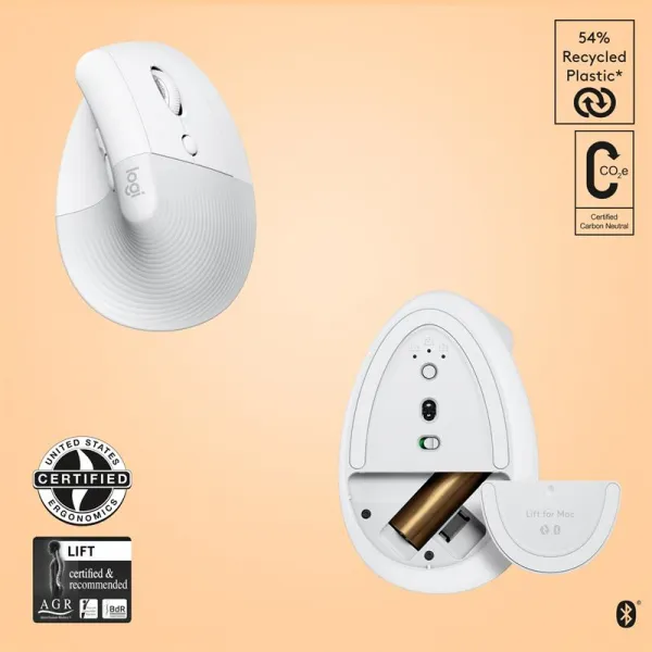 Logitech Lift for Mac Vertical Ergonomická Bezdrôtová Myš, BIela