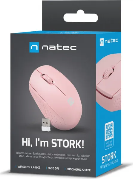 Myš Natec STORK/Kancelářská/Optická/1 600 DPI/Bezdrátová USB/Růžová