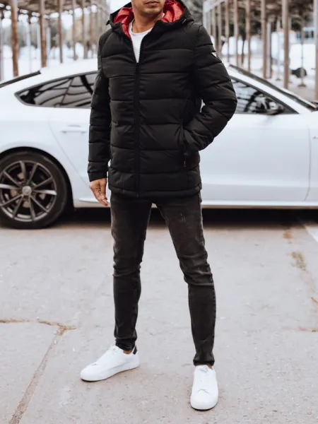 Pánska trendy prešívaná bunda - čierna s červenou