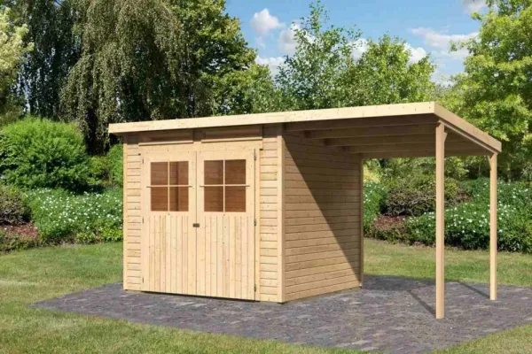Drevený záhradný domček GLUCKSBURG 4 s prístreškom 190 Lanitplast