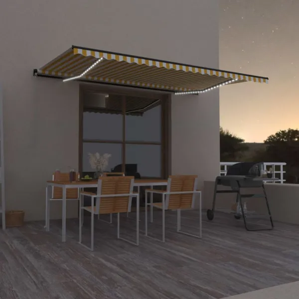 Ručne zaťahovacia markíza s LED svetlom 450x300 cm Dekorhome Bílá / modrá