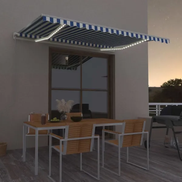 Ručne zaťahovacia markíza s LED svetlom 450x350 cm Dekorhome Bílá / modrá