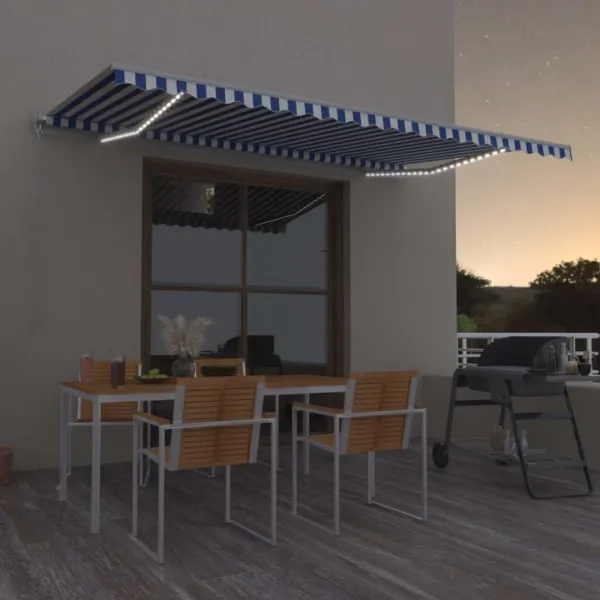 Ručne zaťahovacia markíza s LED svetlom 500x350 cm Dekorhome Bílá / modrá