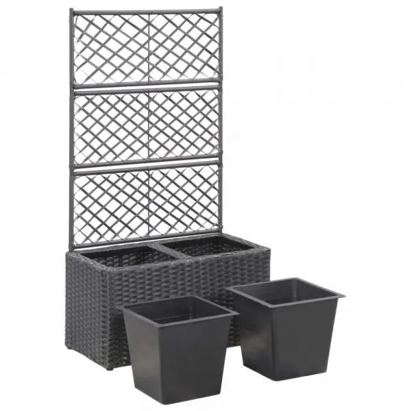 Truhlík trelážou a 2 kvetináči 58x30x107 cm polyratan Dekorhome Černá