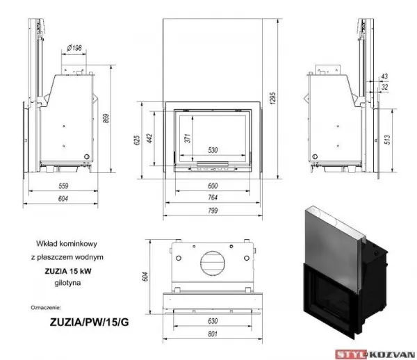 Kratki Zuzia 15 kW gilotyna s dochladzovacou špirálou - krbová vložka s teplovodným výmenníkom