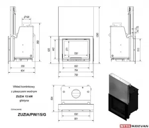 Kratki Zuzia 15 kW gilotyna s dochladzovacou špirálou - krbová vložka s teplovodným výmenníkom