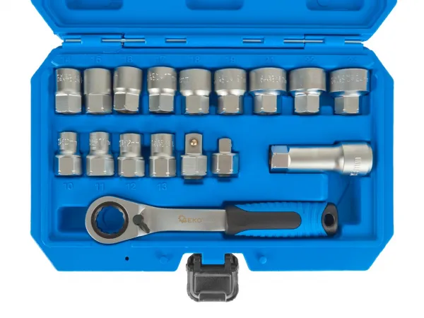 Geko Gola sada s priechodnou račňou, hlavica s profilom Gear Lock 10-24mm, sada 17ks