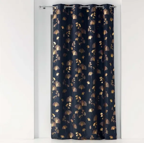 Krásnytmavomodrýluxusnýzávessozlatýmginkgovzorom140x260cm