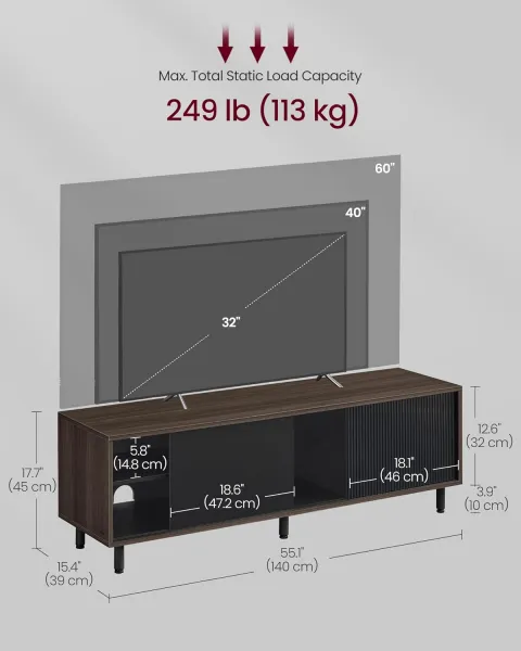 VASAGLE Moderný TV stolík 140 x 45 x 39 cm hnedý čierny