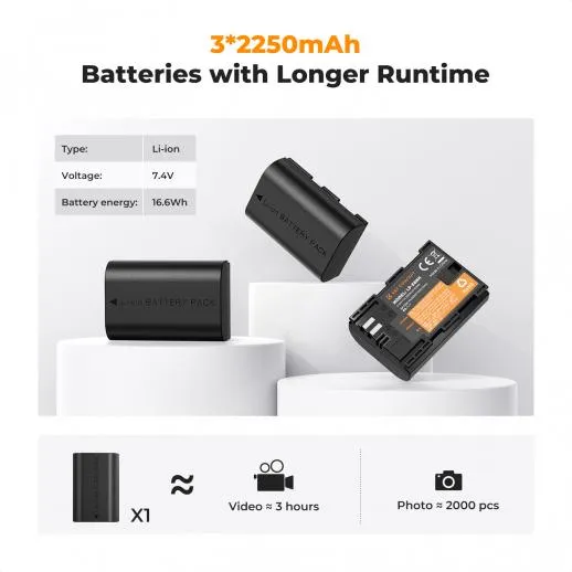 K&F Concept Batéria pre fotoaparát K&F LP-E6NH 2250 mAh, 3-balenie + nabíjačka, sada nabíjačiek LCD displeja 34824