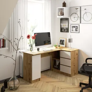 Ak furniture Rohový písací stôl B20 155 cm dub artisan/bílý pravý