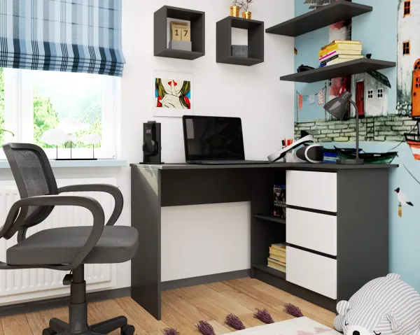 Ak furniture Rohový písací stôl B16 124 cm šedý/bílý pravý